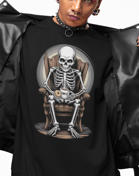 What's Up Long Island? Skeleton Cawfee & Bagel Sweatshirt | Halloween Cozy Unisex Crewneck | Spooky Fashion