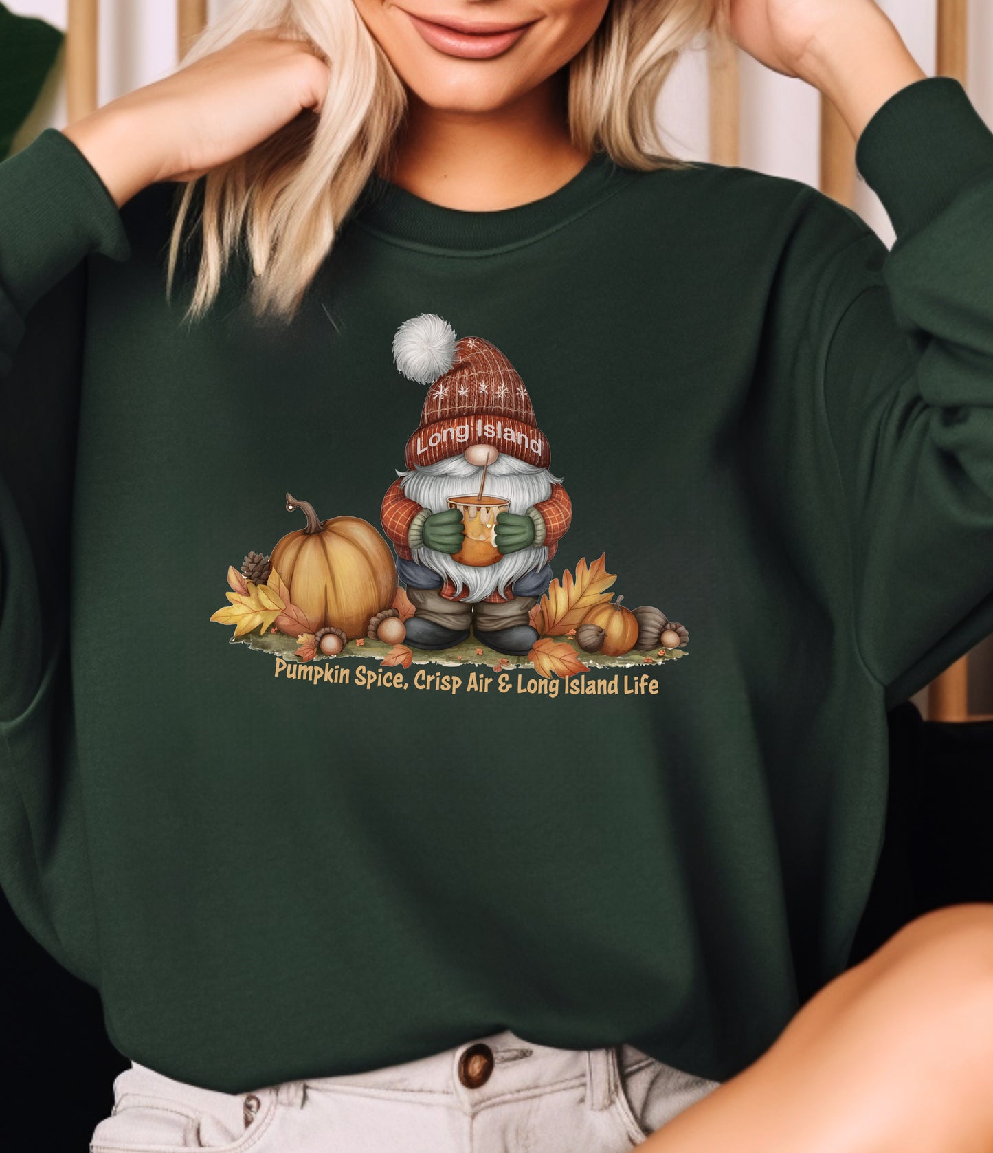 What's Up Long Island? Fall Gnome Sweatshirt: Pumpkin Spice Vibes, Cozy Autumn Apparel, Thanksgiving Gift, Unisex Crewneck, Seasonal Style