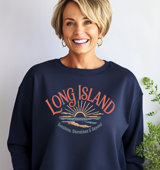 What's Up Long Island? Sunshine, Shorelines & Beyond - Sunset Crewneck Sweatshirt – Beach Vibes, Shoreline Graphic