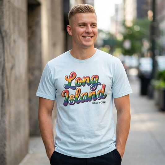 What's Up Long Island? New York Rainbow Script T‑Shirt