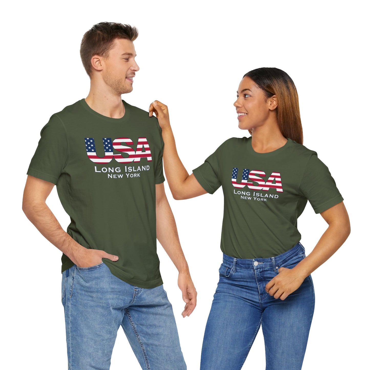 USA What's Up Long Island? Flag Tee - Unisex Jersey Short Sleeve Shirt - Print on front and back