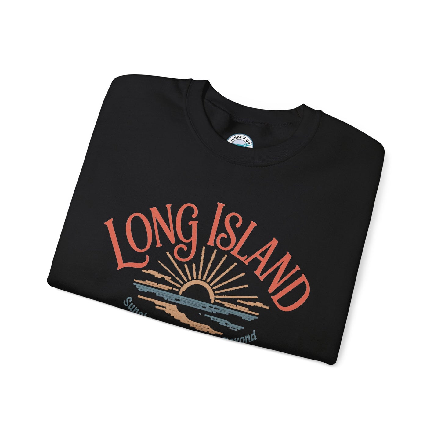 What's Up Long Island? Sunshine, Shorelines & Beyond - Sunset Crewneck Sweatshirt – Beach Vibes, Shoreline Graphic