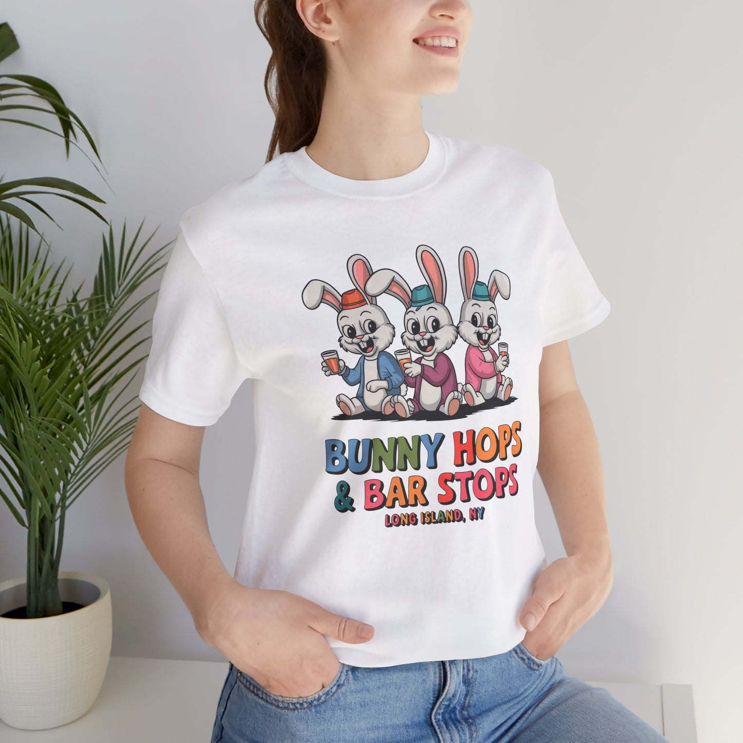 What's Up Long Island?  Bunny Hops & Bar Stops Long Island, NY - Unisex T-Shirt - Fun Easter & Spring Graphic Tee