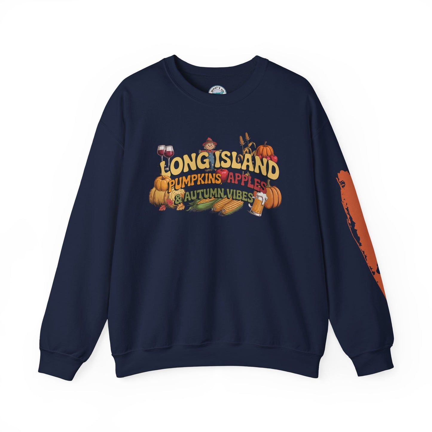 What's Up Long Island? Pumpkin, Apples & Autumn Vibes Crewneck Sweatshirt | Fall Sweater, Unisex Apparel, Thanksgiving Gift