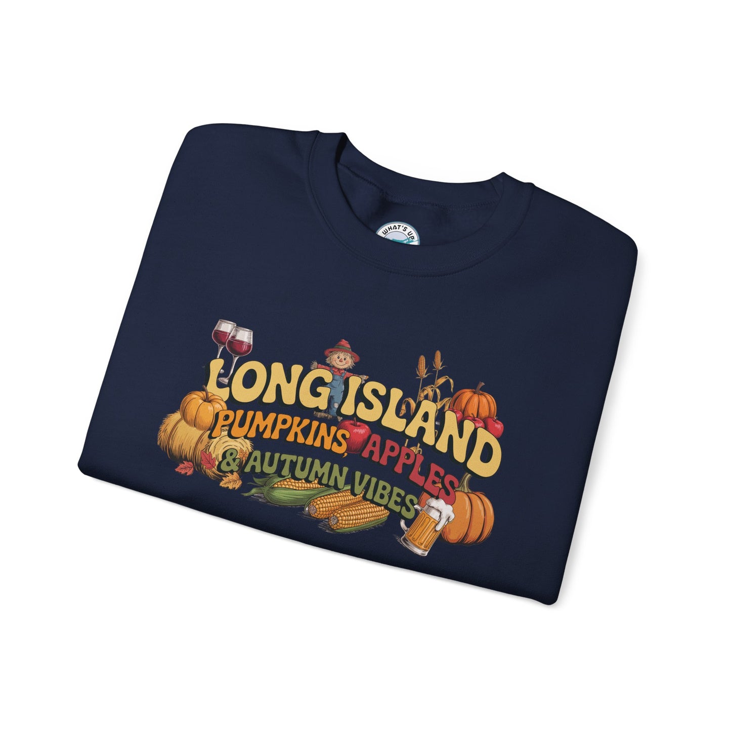 What's Up Long Island? Pumpkin, Apples & Autumn Vibes Crewneck Sweatshirt | Fall Sweater, Unisex Apparel, Thanksgiving Gift
