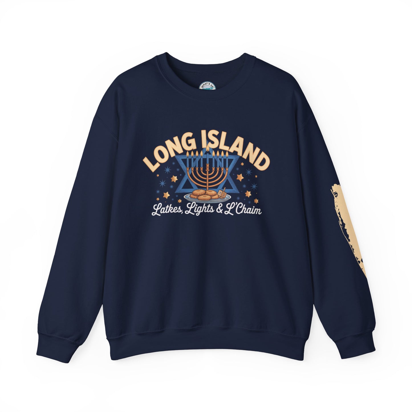 What's Up Long Island? Latkes, Lights & L'Chaim - Menorah Sweatshirt, Cozy Crewneck for Celebrations, Hanukkah Gift, Unisex Sweatshirt, Festive Holiday Apparel, Jewish Pride Wear