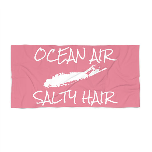 What's Up Long Island? Pink Beach Towel - Ocean Air, Salty Hair with Map of Long Island