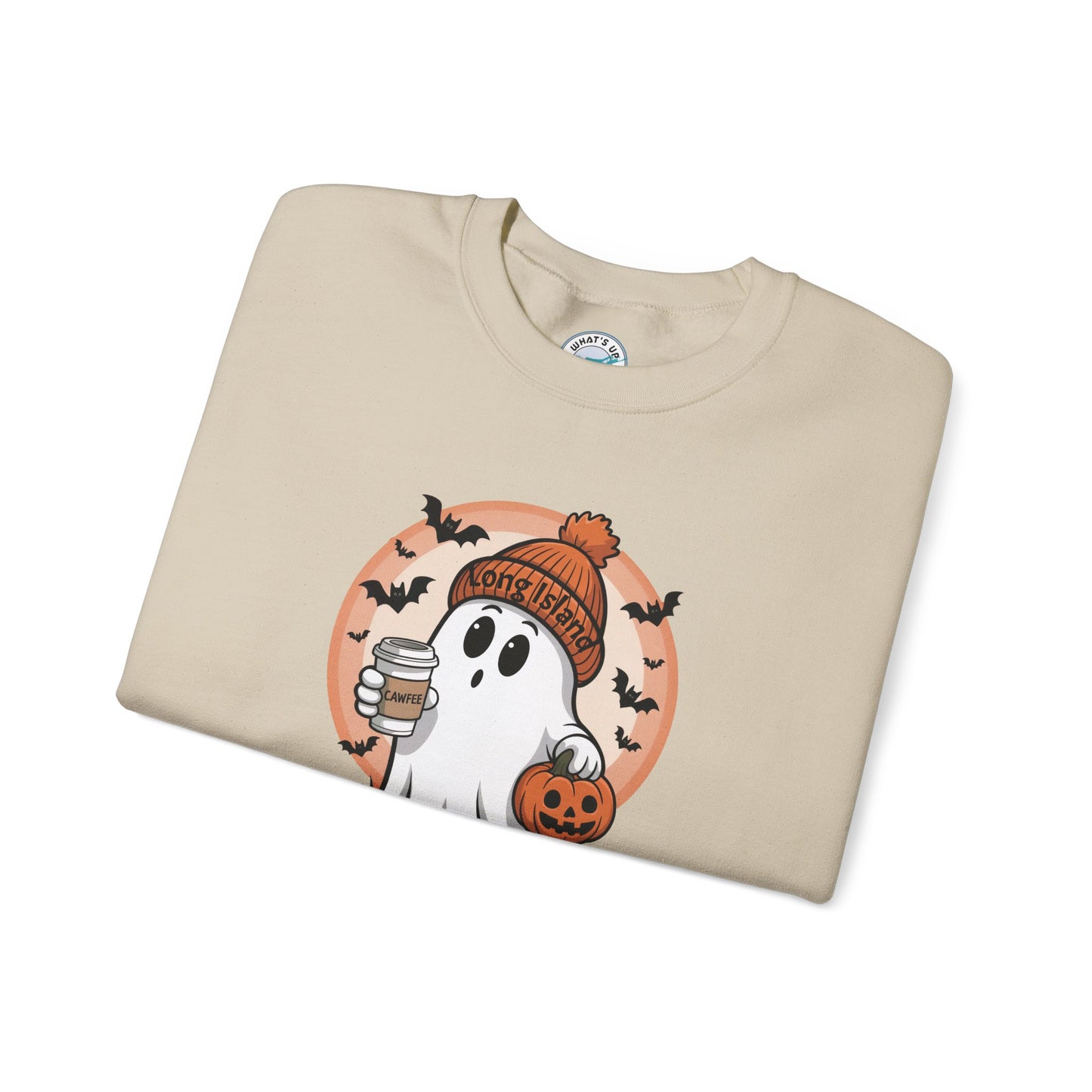 What's Up Long Island?  Cawfee Theme, Cute Halloween Ghost Sweatshirt, Halloween Gift, Cozy Autumn Wear, Unisex Apparel