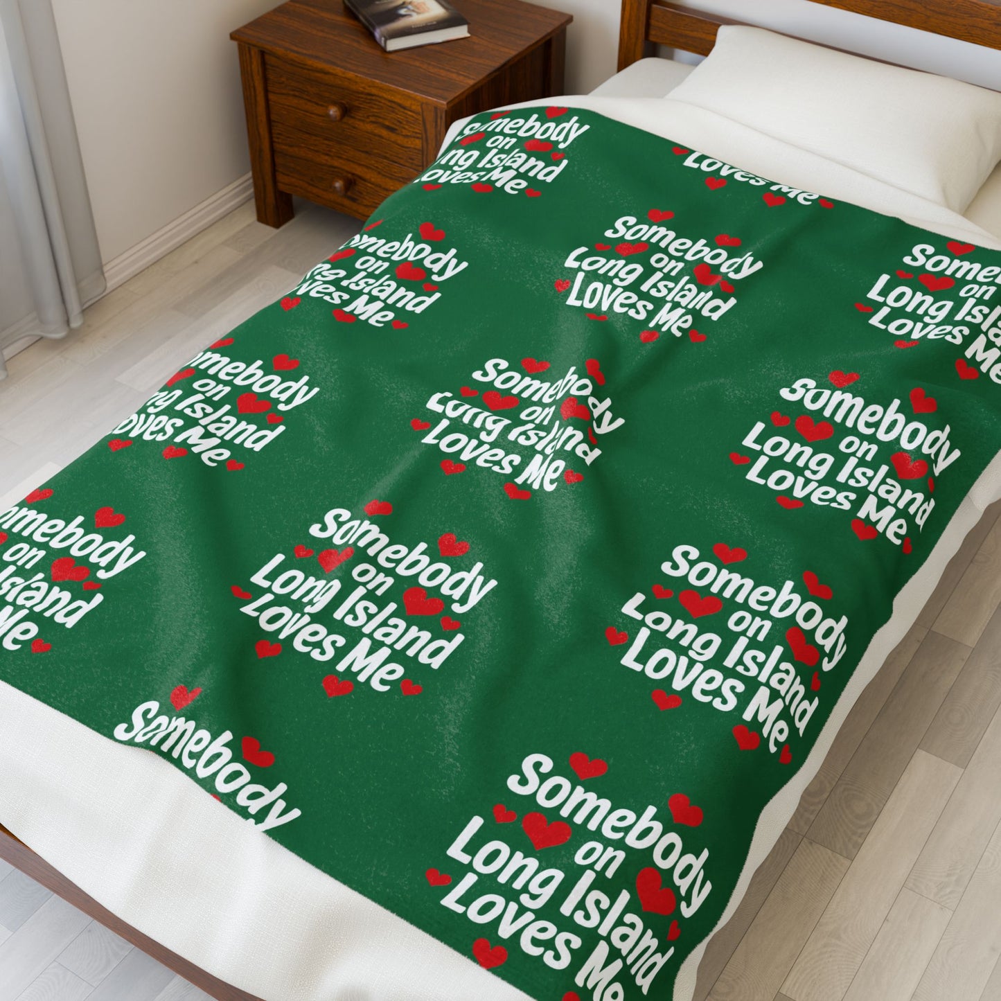"Somebody on Long Island Loves Me" - Green Cozy Velveteen Blanket - What's Up Long Island?
