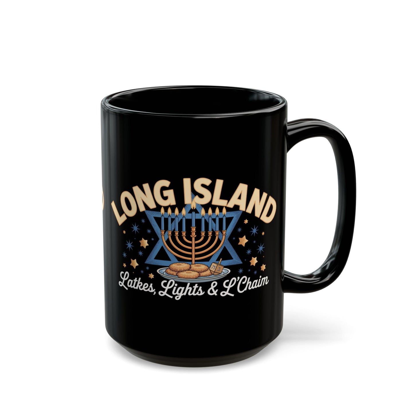What's Up Long Island? Hanukkah Mug, Festive Black Coffee Cup, Latkes & L'Chaim Gift, Jewish Holiday Decor, Menorah Design