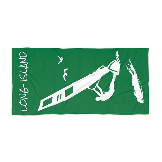 What's Up Long Island?  Green Windsurfing Beach Towel — Nautical Surf & Seagull Design
