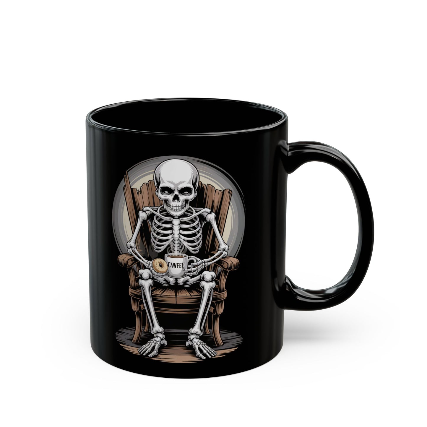 What's Up Long Island? Skeleton Cawfee Mug with Bagel | Black Mug, Halloween Decor, Gothic Gift, Home Office Accessory, Spooky Drinkware