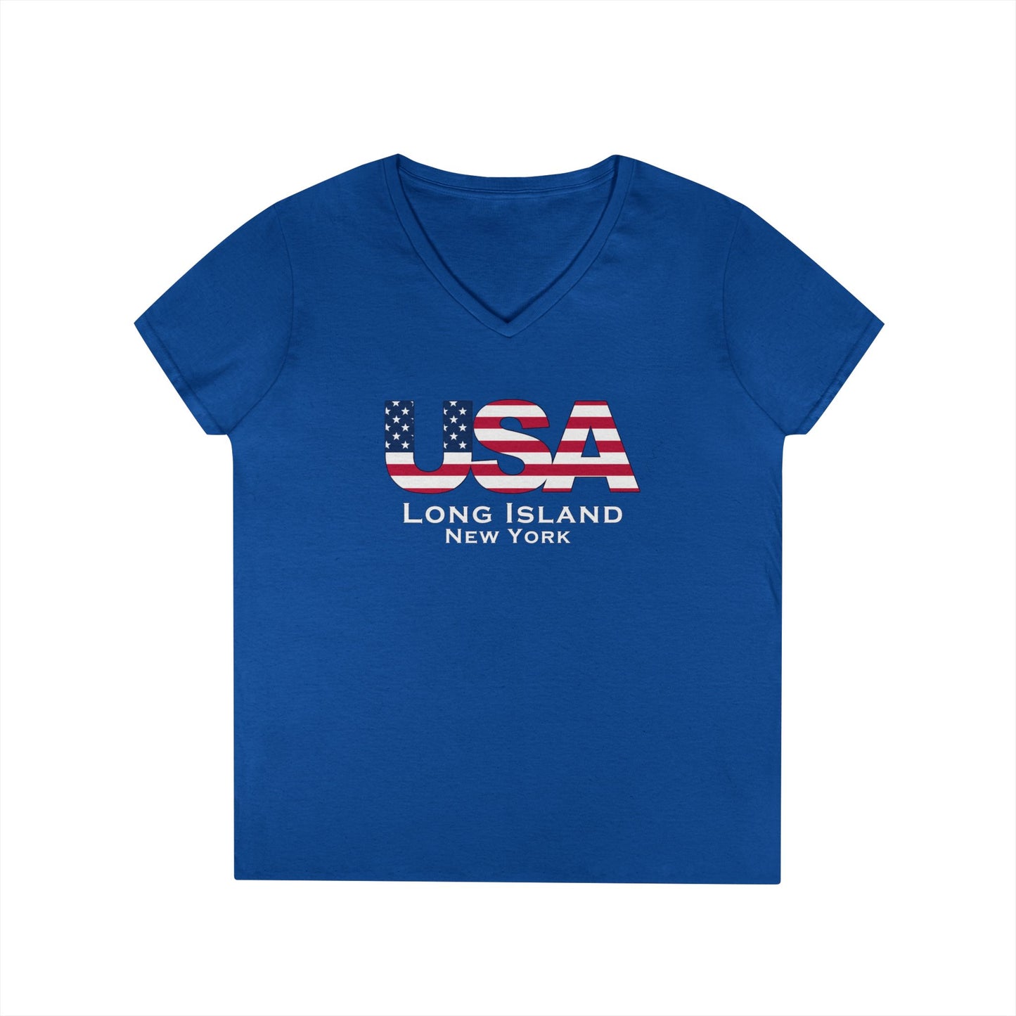 USA What's Up Long Island? Ladies' V-Neck T-Shirt | Patriotic Top, Summer Wear, Travel Tee, Gift for Her, Independence Day