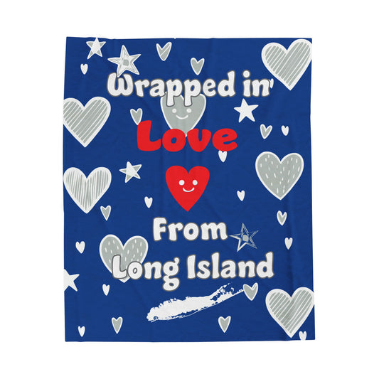 What's Up Long Island? Wrapped in Love Blue Cozy Velveteen Plush BlanketSoft Throw Blanket, Heart Design, Gift for Loved Ones