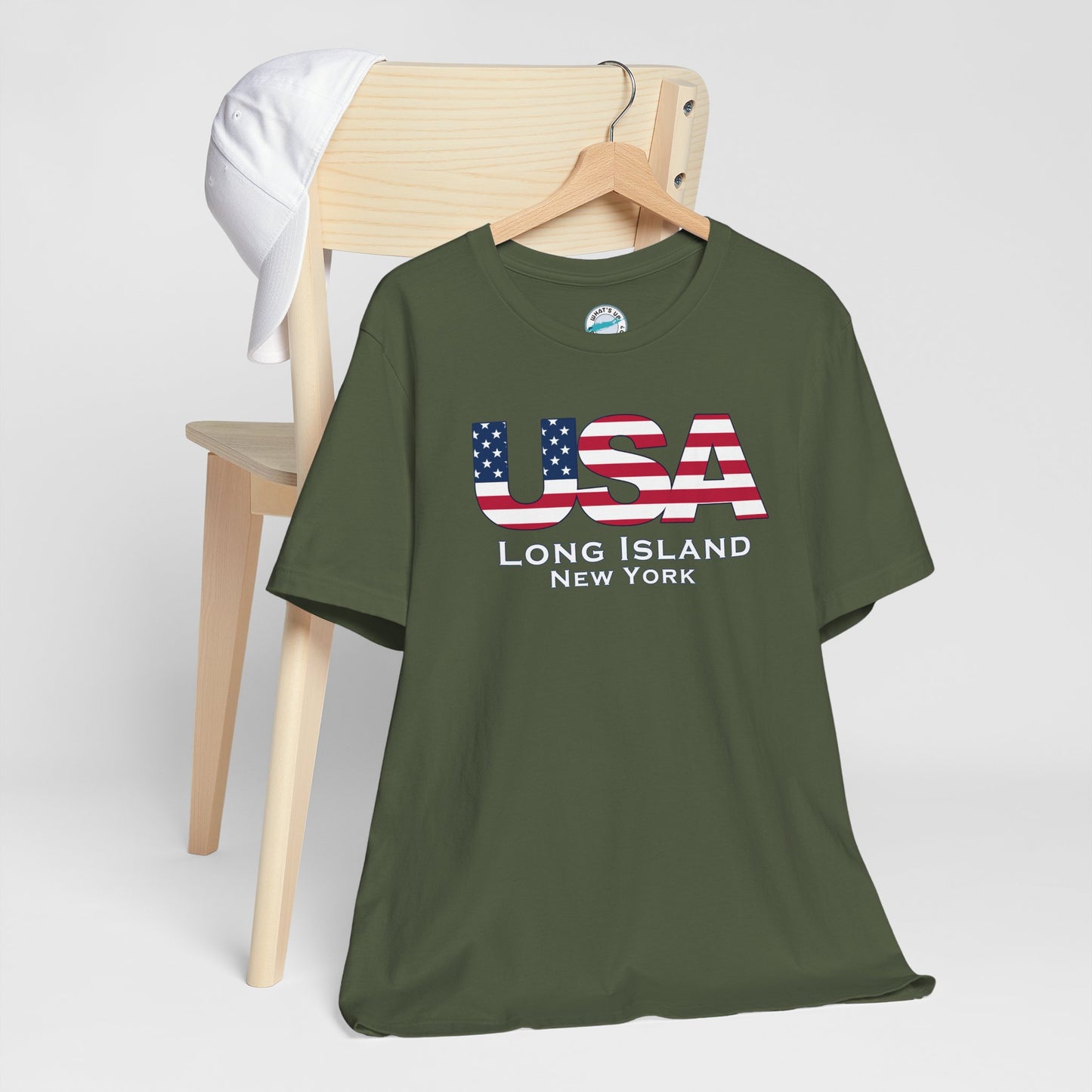 USA What's Up Long Island? Flag Tee - Unisex Jersey Short Sleeve Shirt - Print on front and back