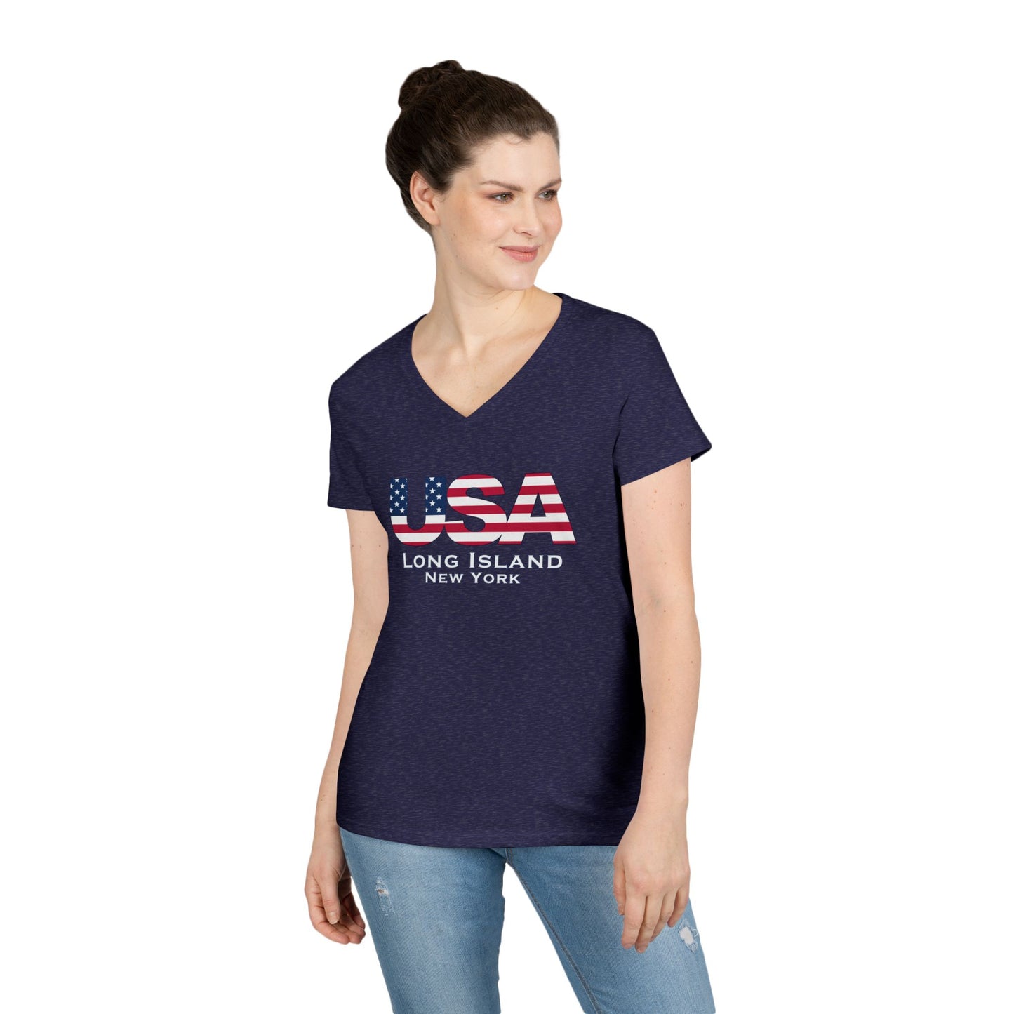 USA What's Up Long Island? Ladies' V-Neck T-Shirt | Patriotic Top, Summer Wear, Travel Tee, Gift for Her, Independence Day
