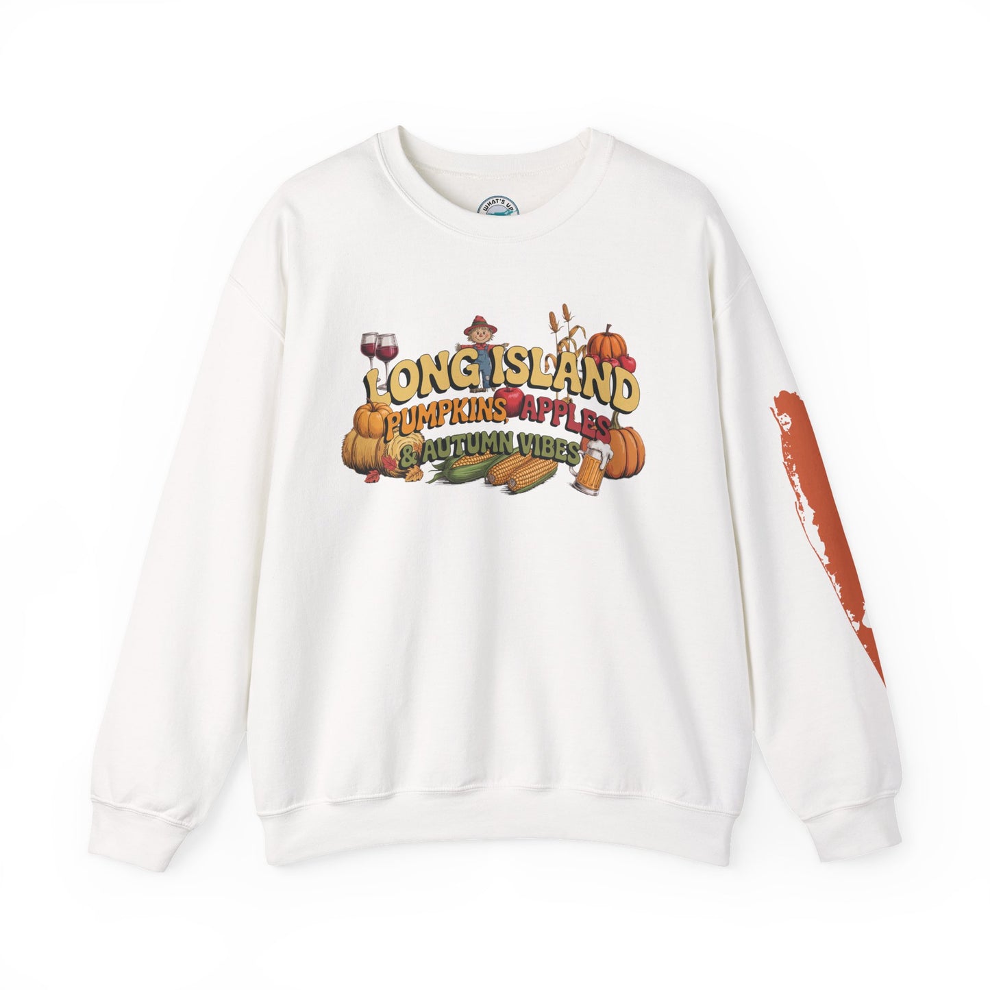 What's Up Long Island? Pumpkin, Apples & Autumn Vibes Crewneck Sweatshirt | Fall Sweater, Unisex Apparel, Thanksgiving Gift