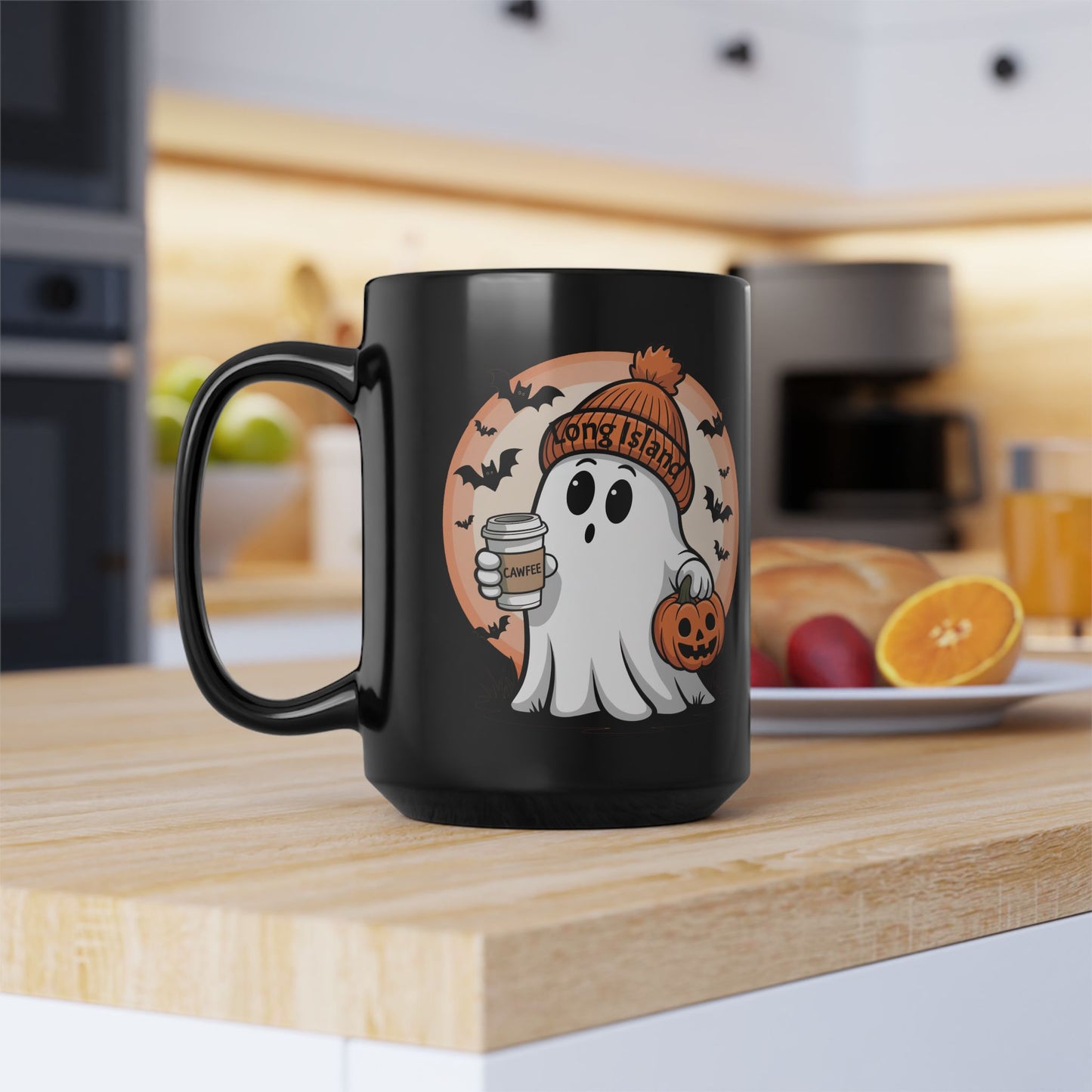 Spooky What's Up Long Island? Cawfee Ghost Mug with Pumpkin | Halloween Coffee Cup | Long Island Spirit | Perfect Gift for Fall, Halloween Decor, Ghost Lovers