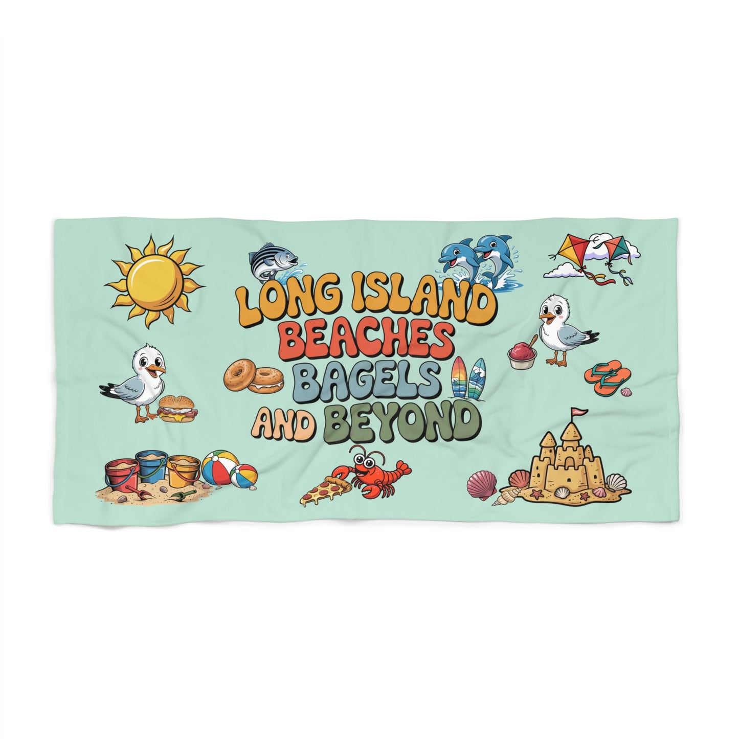 What's Up  Long Island? Cute Seafoam Color Beach Towel 30 x 60" with Long Island Beaches Design, perfect large beach towel for little ones to sit on or snuggle with