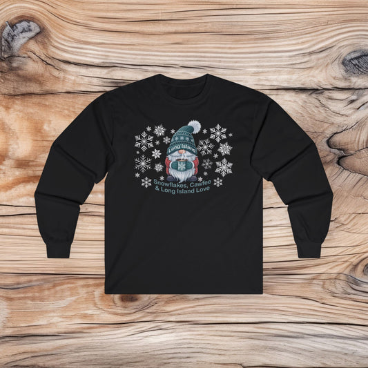 What's Up Long Island? Cute Winter Gnome Long Sleeve Tee, Cozy Holiday Gift, Unisex Tee, Perfect for Christmas, Winter Parties, and Everyday Wear