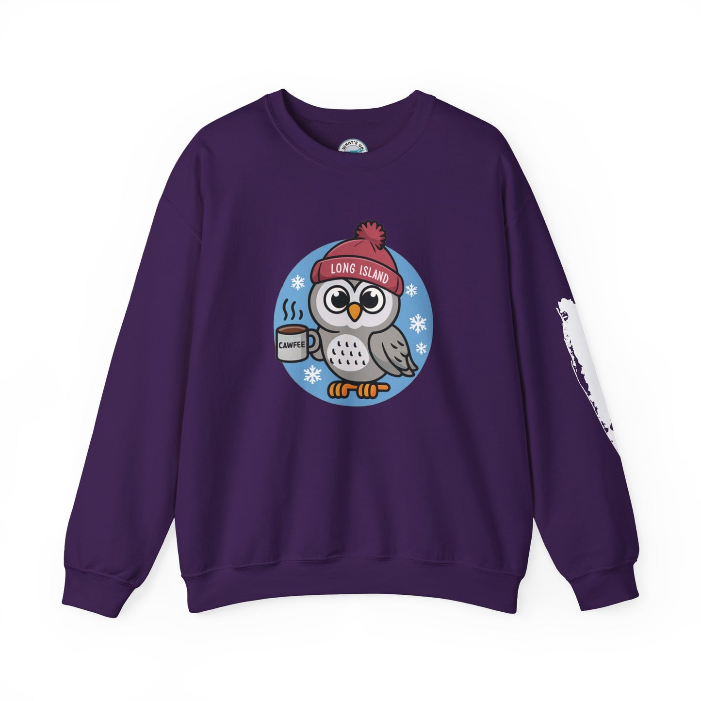 What's Up Long Island?  Cawfee Theme, Cute Winter Owl Sweatshirt, Holiday Gift, Cozy Winter Wear, Unisex Apparel
