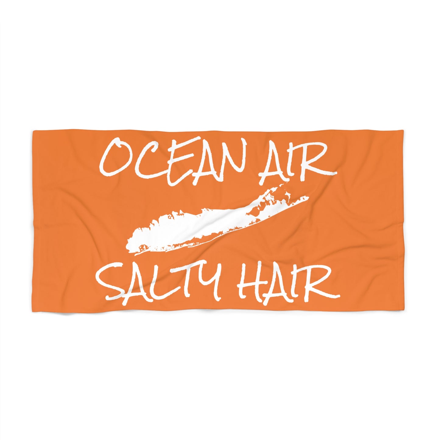 What's Up Long Island? Orange Beach Towel - Ocean Air, Salty Hair with Map of Long Island