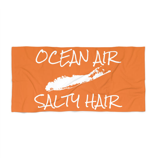 What's Up Long Island? Orange Beach Towel - Ocean Air, Salty Hair with Map of Long Island