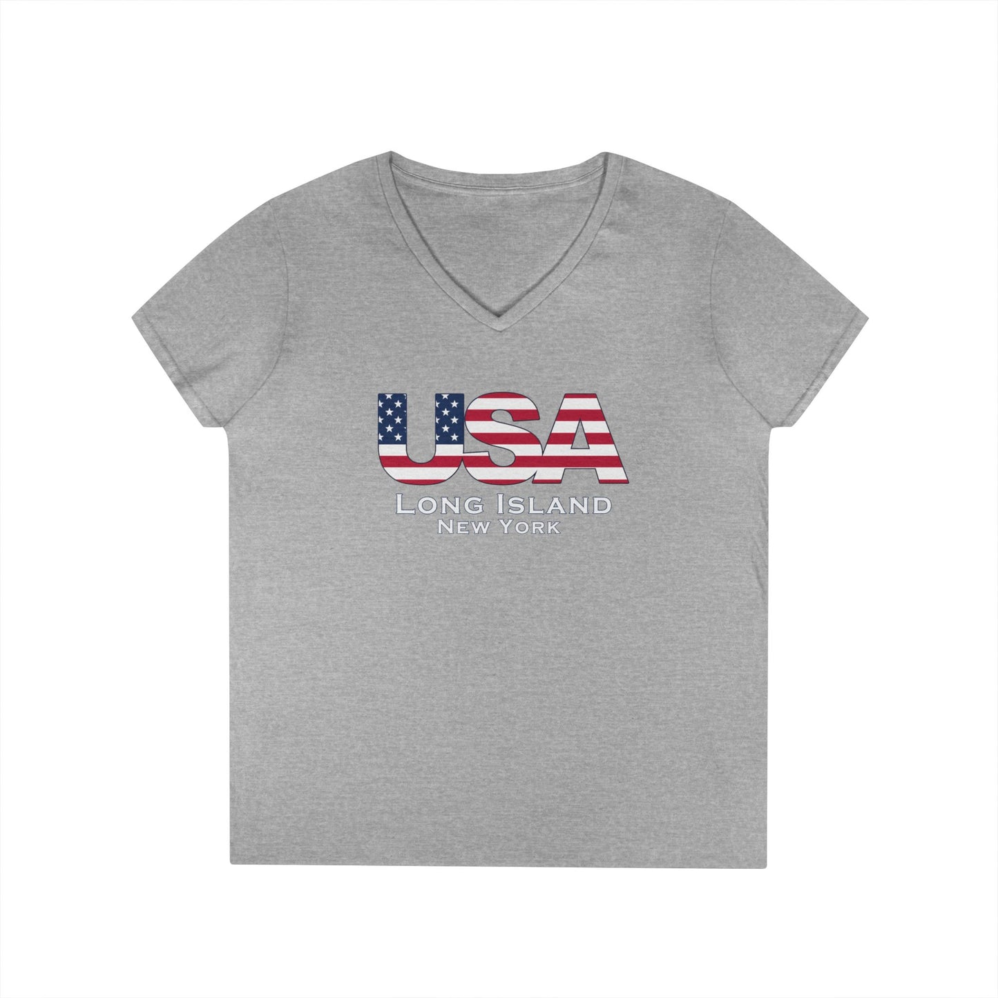 USA What's Up Long Island? Ladies' V-Neck T-Shirt | Patriotic Top, Summer Wear, Travel Tee, Gift for Her, Independence Day