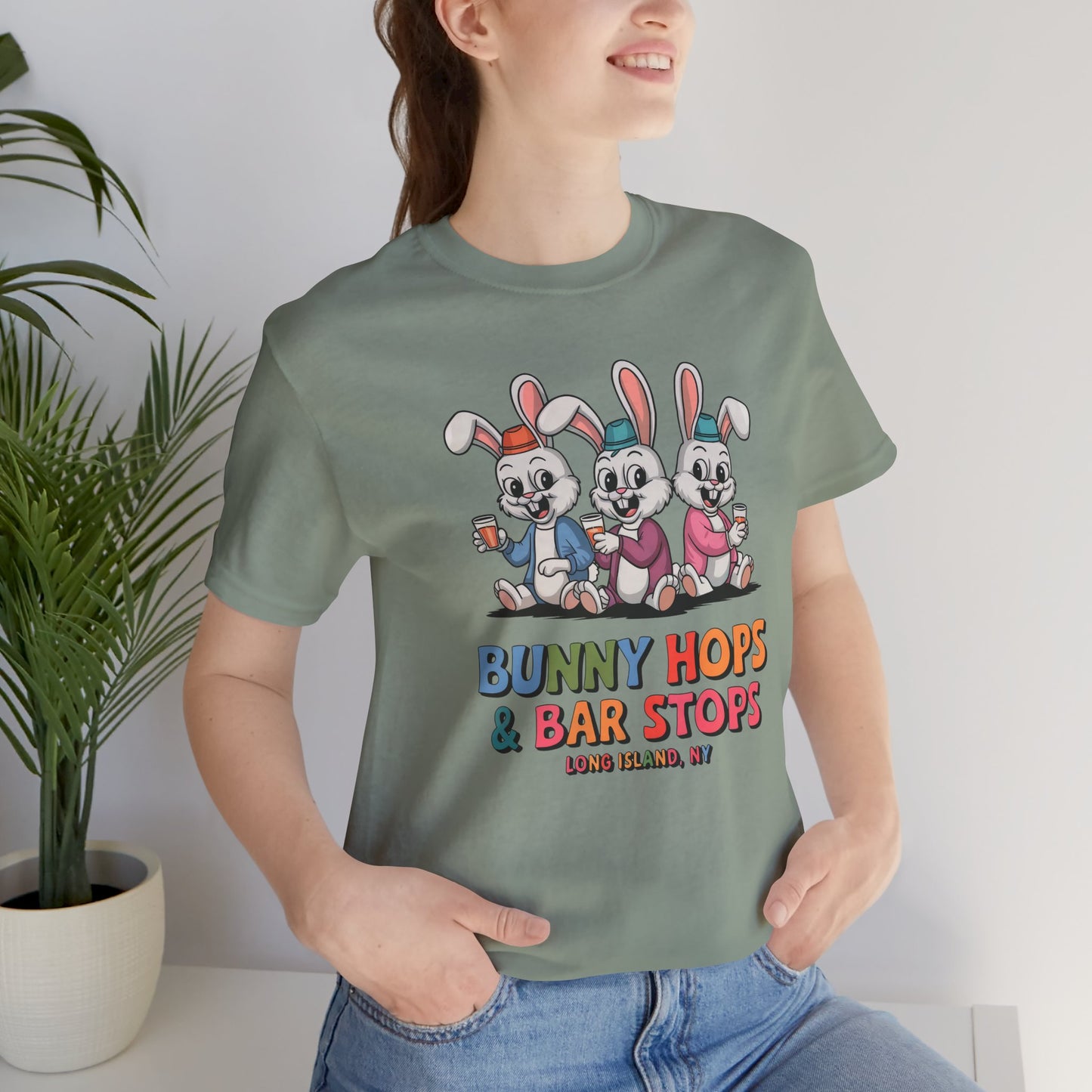 What's Up Long Island?  Bunny Hops & Bar Stops Long Island, NY - Unisex T-Shirt - Fun Easter & Spring Graphic Tee