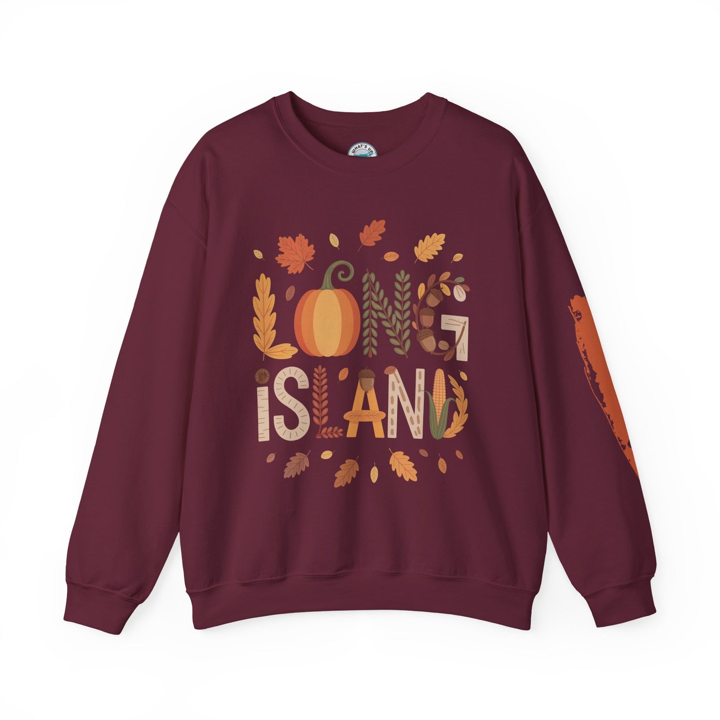 What's Up Long Island? Fall-Themed Long Island Crewneck Sweatshirt, Cozy Autumn Fashion, Perfect for Thanksgiving