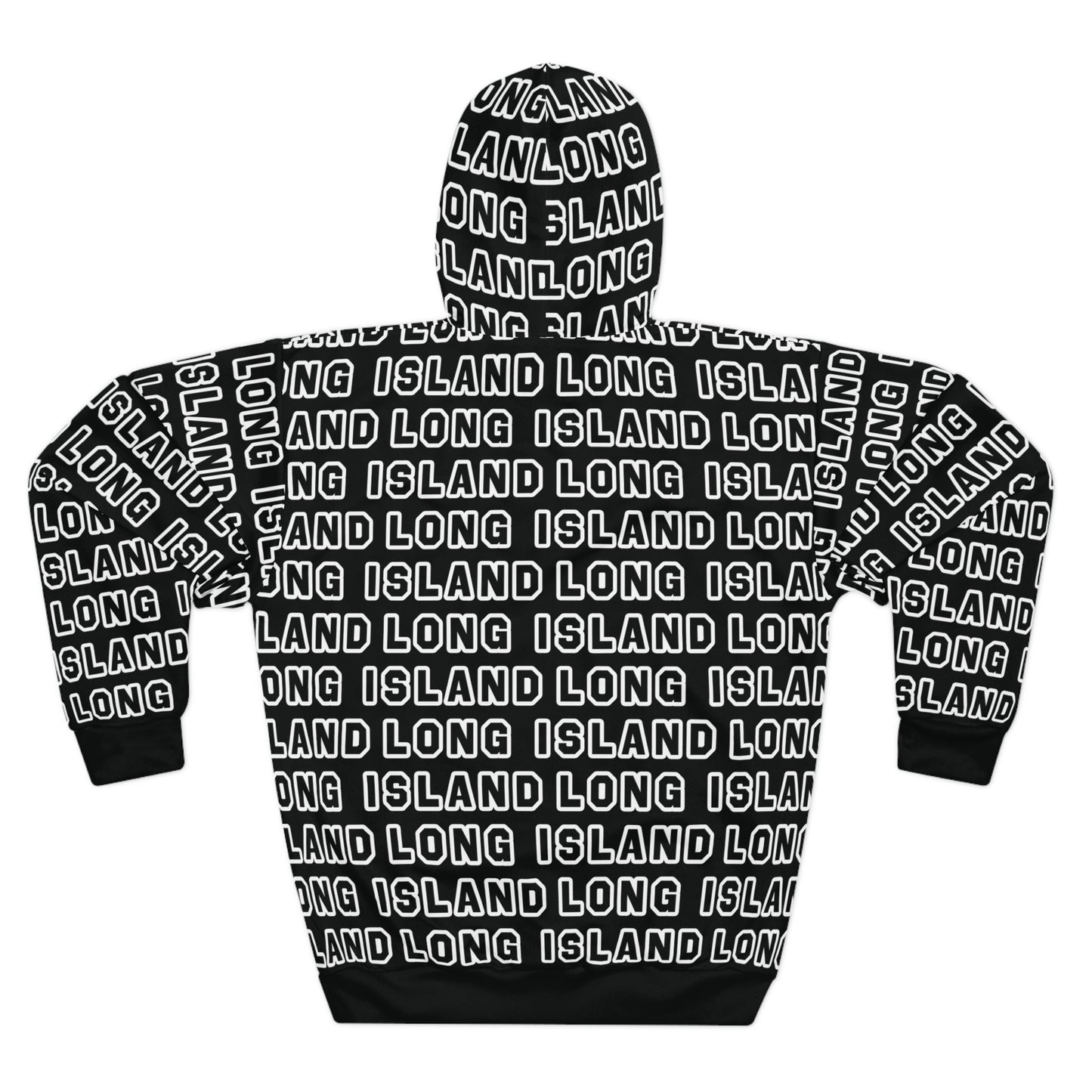 What's Up Long Island? Unisex Pullover All-Over Print Hoodie map on pocket, Cozy Sweatshirt, Perfect Gift for Friends
