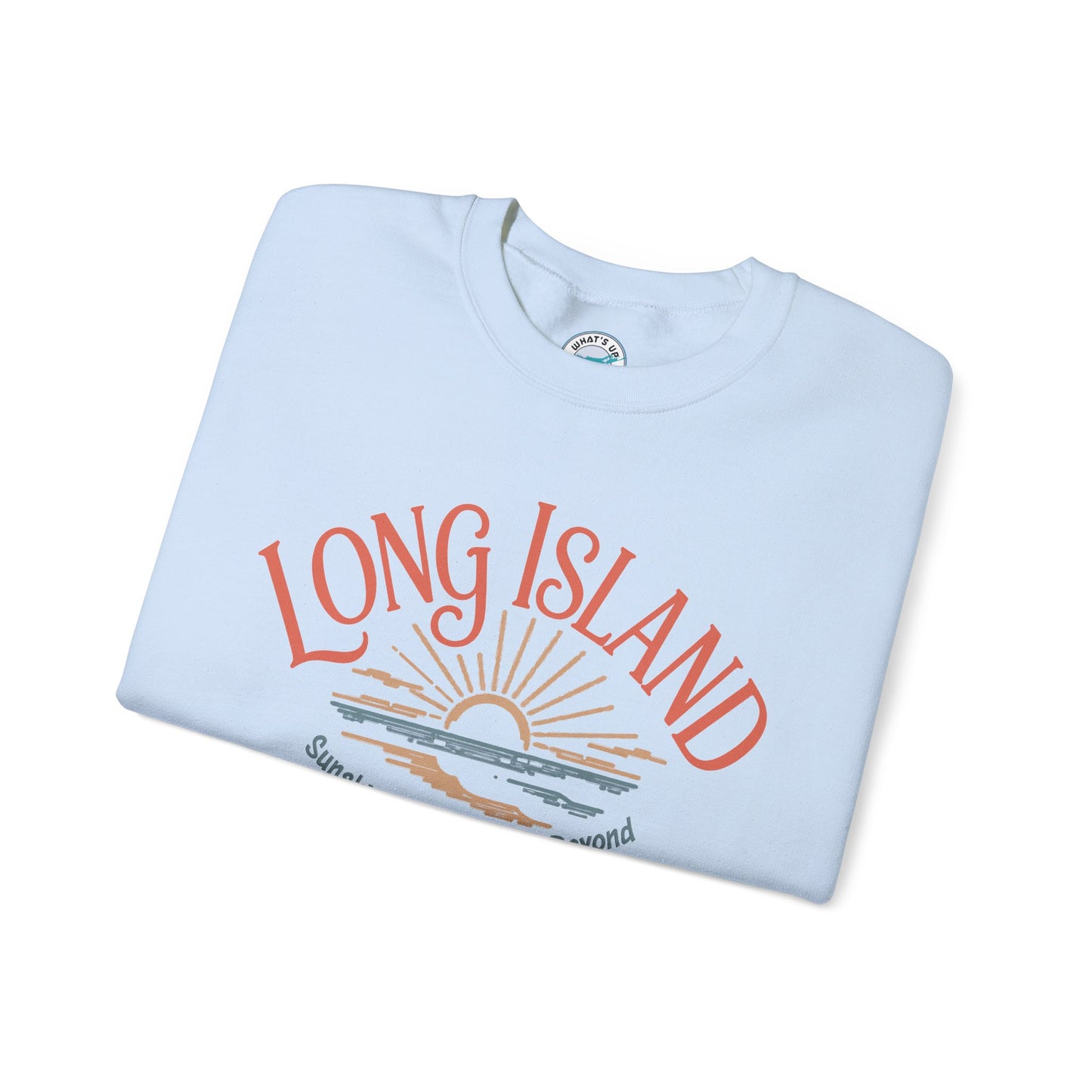 What's Up Long Island? Sunshine, Shorelines & Beyond - Sunset Crewneck Sweatshirt – Beach Vibes, Shoreline Graphic