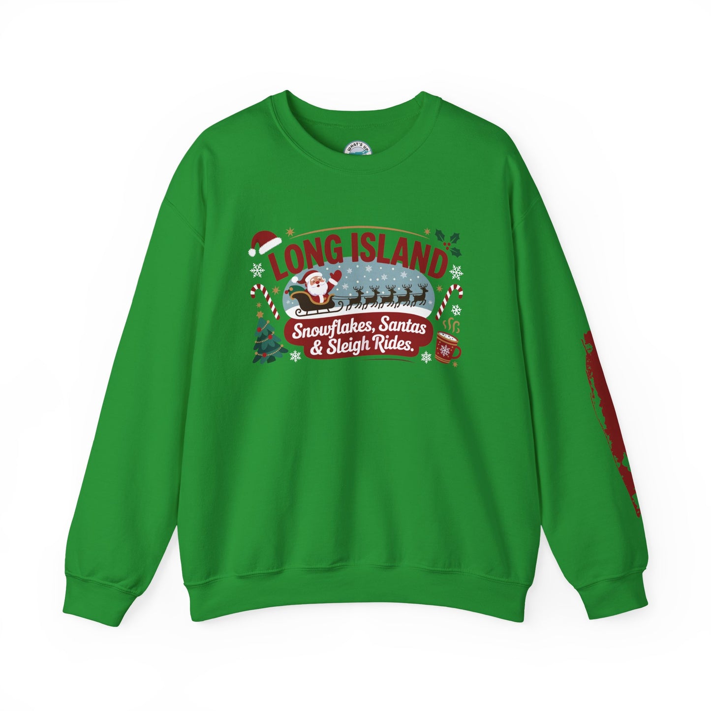 What's Up Long Island? Snowflakes, Santas & Sleigh Rides Holiday Sweatshirt, Cozy Christmas Sweatshirt, Winter Apparel