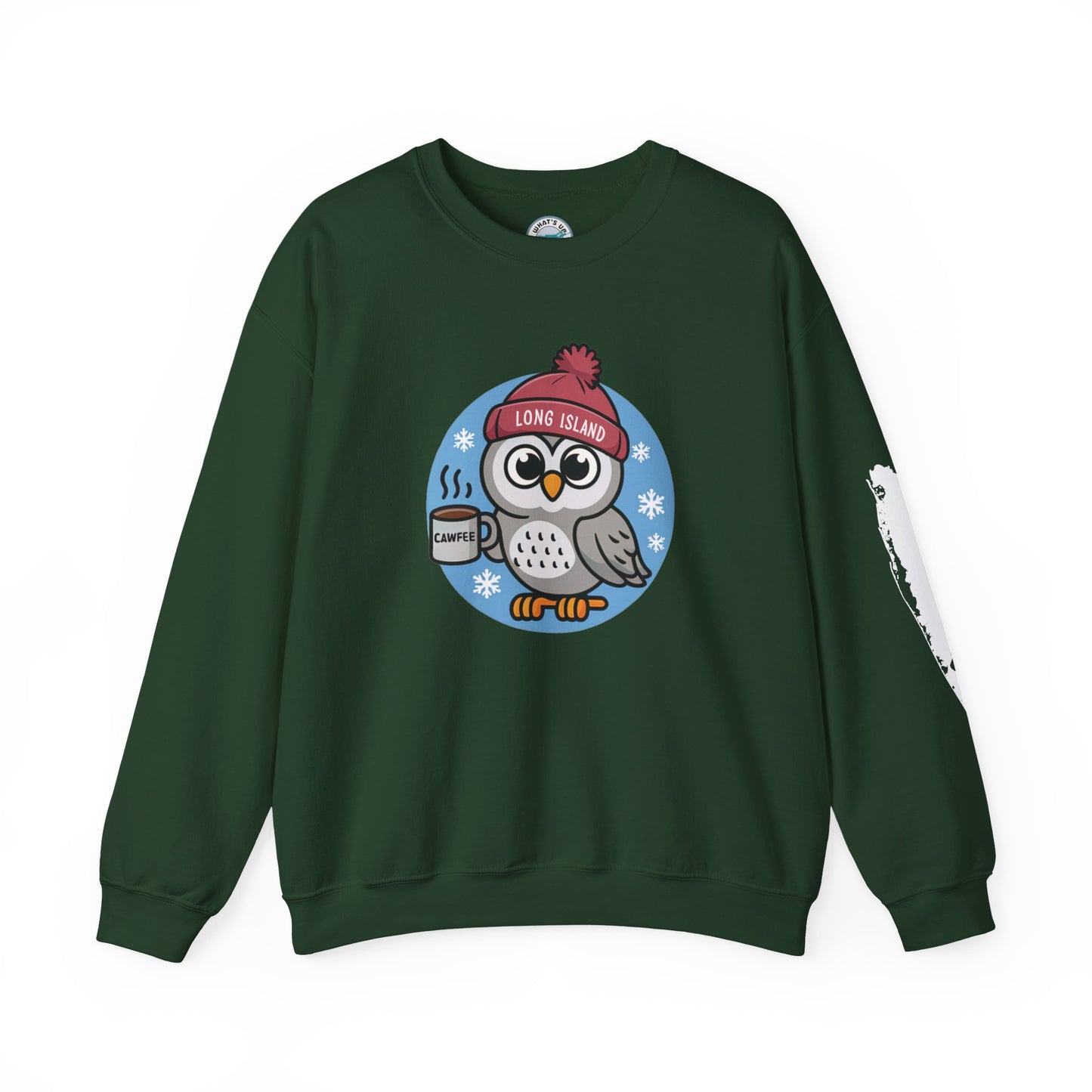 What's Up Long Island?  Cawfee Theme, Cute Winter Owl Sweatshirt, Holiday Gift, Cozy Winter Wear, Unisex Apparel