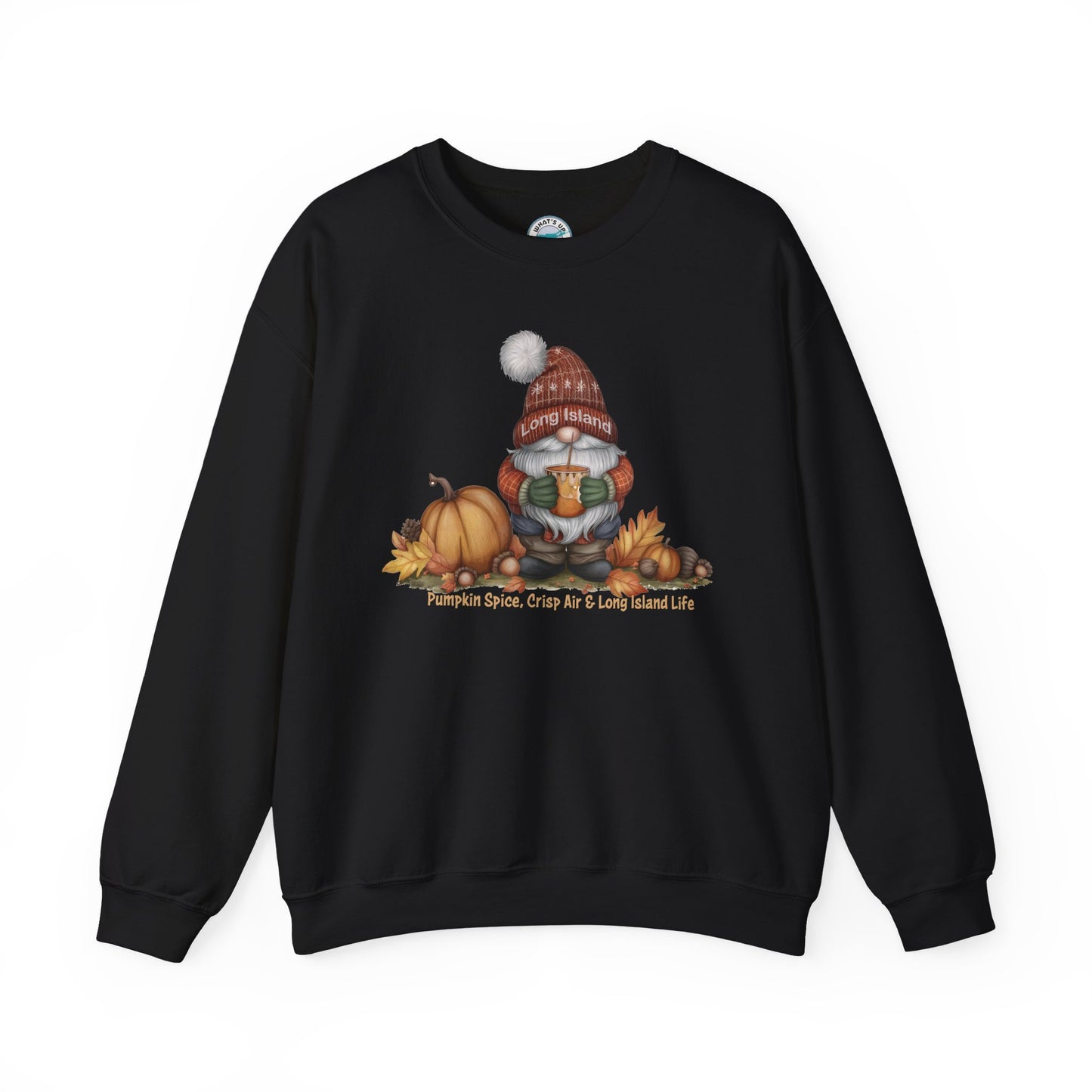 What's Up Long Island? Fall Gnome Sweatshirt: Pumpkin Spice Vibes, Cozy Autumn Apparel, Thanksgiving Gift, Unisex Crewneck, Seasonal Style