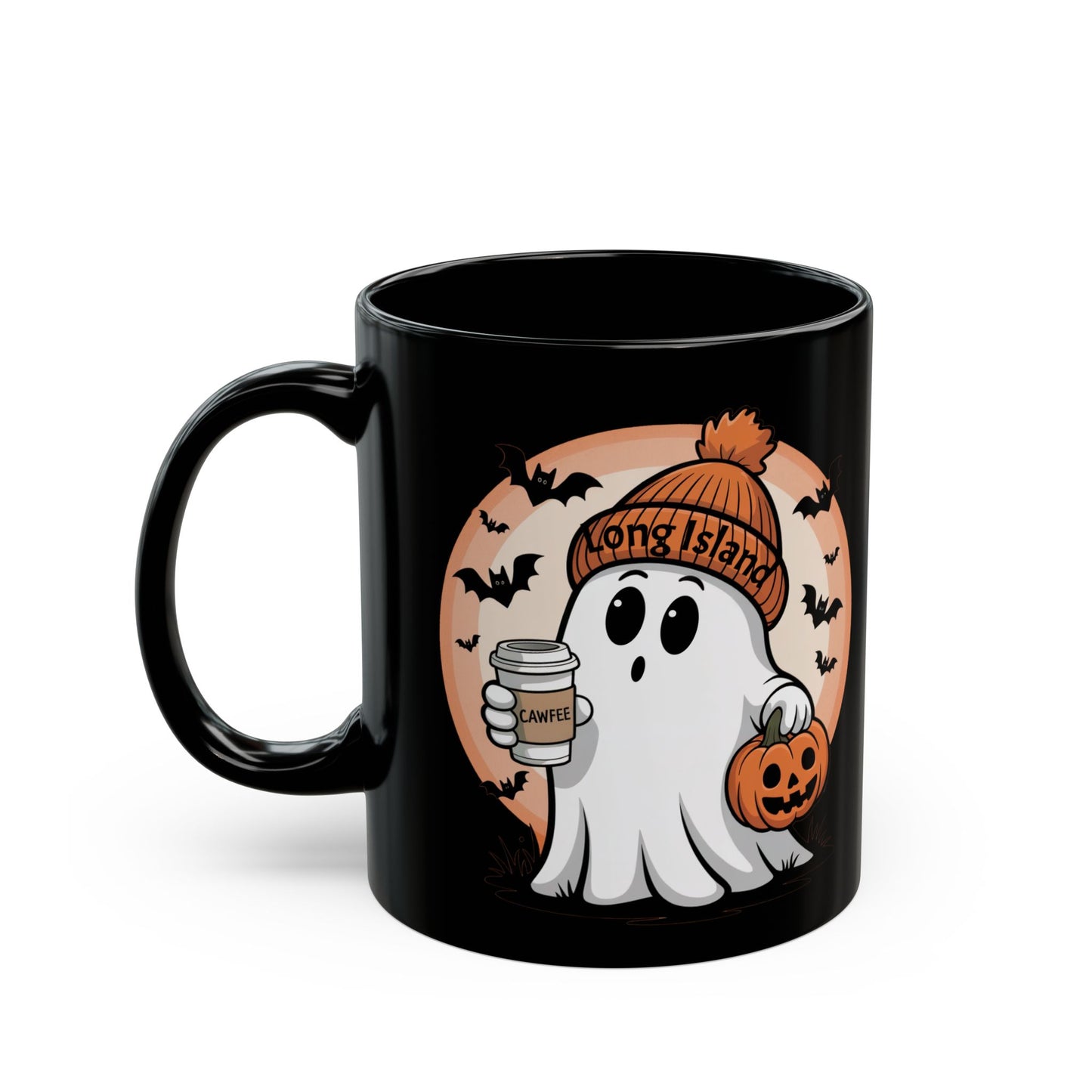 Spooky What's Up Long Island? Cawfee Ghost Mug with Pumpkin | Halloween Coffee Cup | Long Island Spirit | Perfect Gift for Fall, Halloween Decor, Ghost Lovers