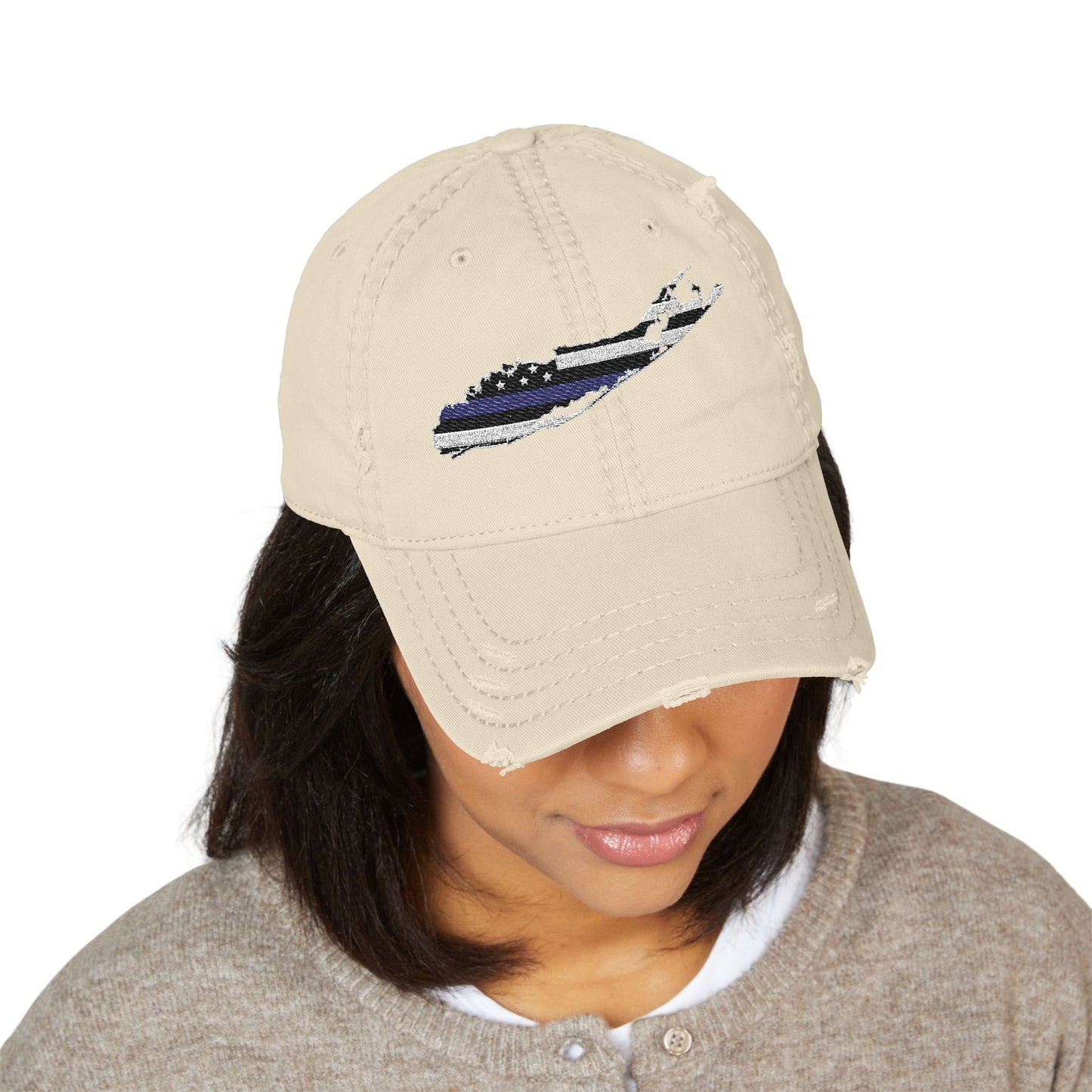 What's Up Long Island? Distressed Embroidered Hat — Thin Blue Line Vintage Cap