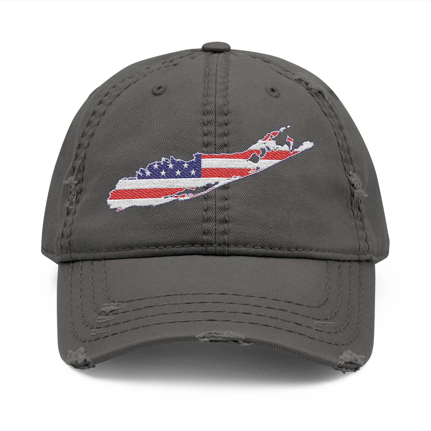 What's Up Long Island? Distressed Embroidered USA Flag Hat — Long Island American State Baseball Cap