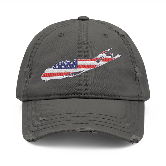 What's Up Long Island? Distressed Embroidered USA Flag Hat — Long Island American State Baseball Cap