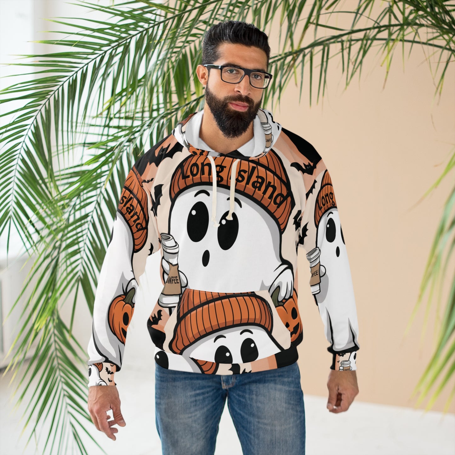 What's Up Long Island? Cawfee Ghost - Unisex Pullover All-Over Print Hoodie, Cozy Sweatshirt