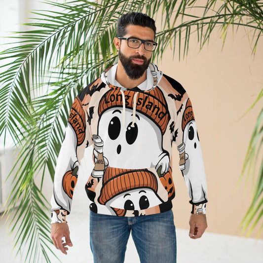 What's Up Long Island? Cawfee Ghost - Unisex Pullover All-Over Print Hoodie, Cozy Sweatshirt