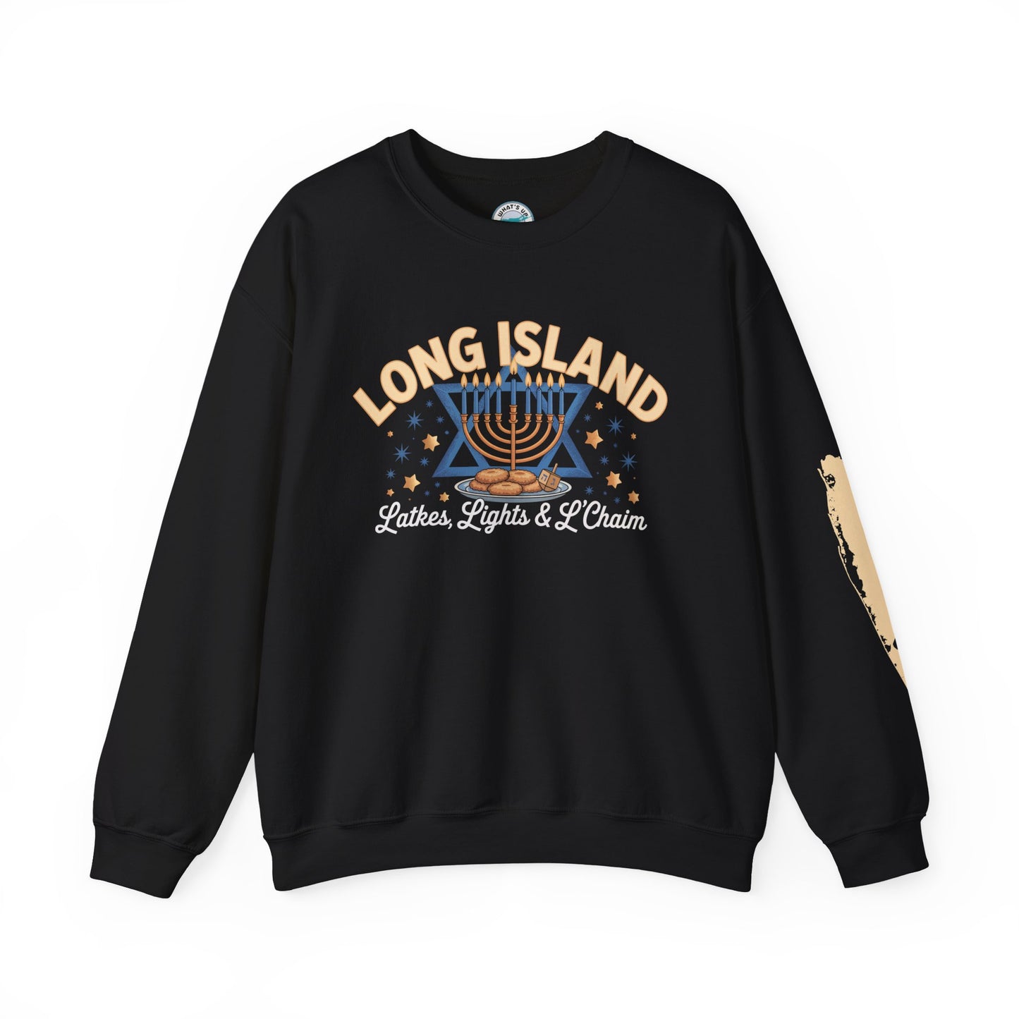 What's Up Long Island? Latkes, Lights & L'Chaim - Menorah Sweatshirt, Cozy Crewneck for Celebrations, Hanukkah Gift, Unisex Sweatshirt, Festive Holiday Apparel, Jewish Pride Wear