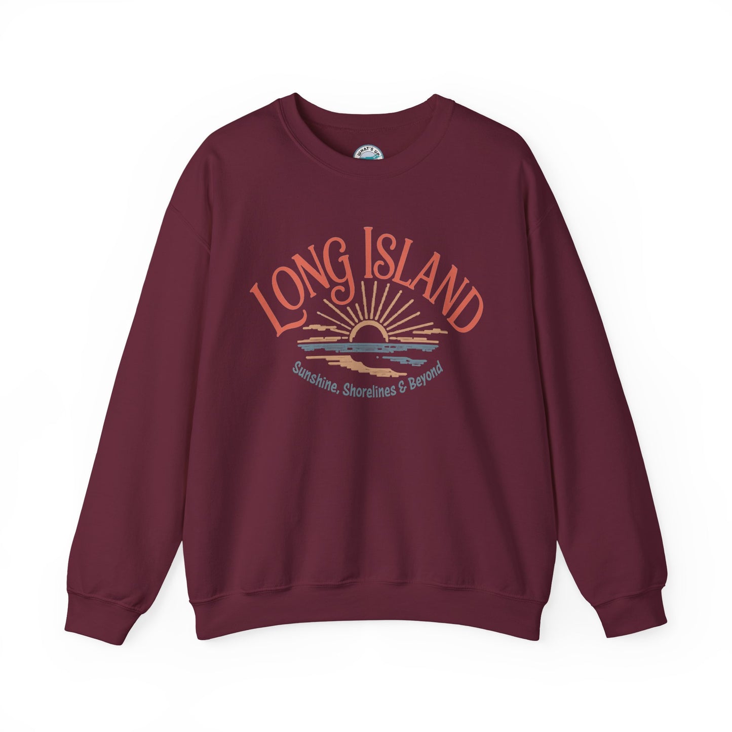 What's Up Long Island? Sunshine, Shorelines & Beyond - Sunset Crewneck Sweatshirt – Beach Vibes, Shoreline Graphic