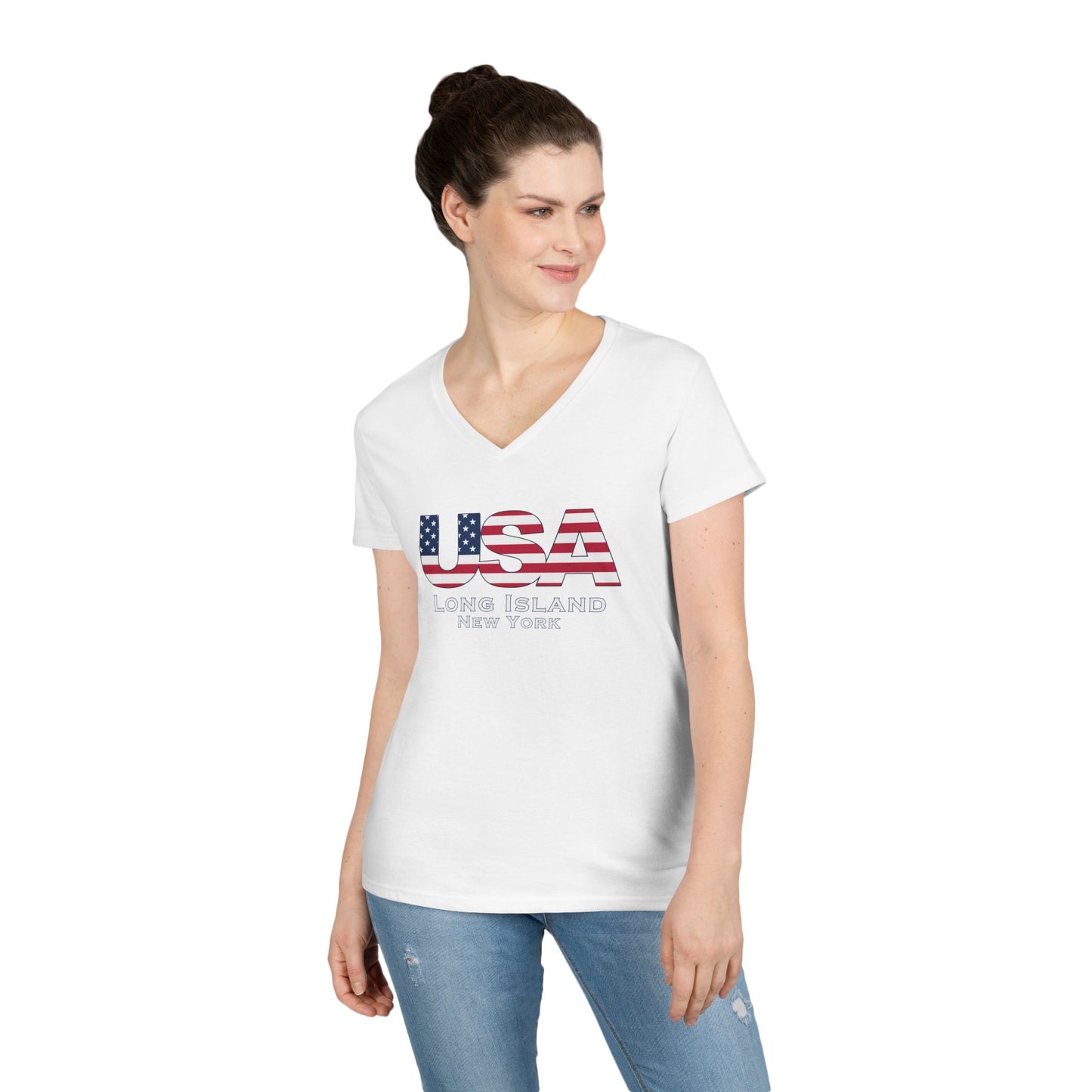 USA What's Up Long Island? Ladies' V-Neck T-Shirt | Patriotic Top, Summer Wear, Travel Tee, Gift for Her, Independence Day