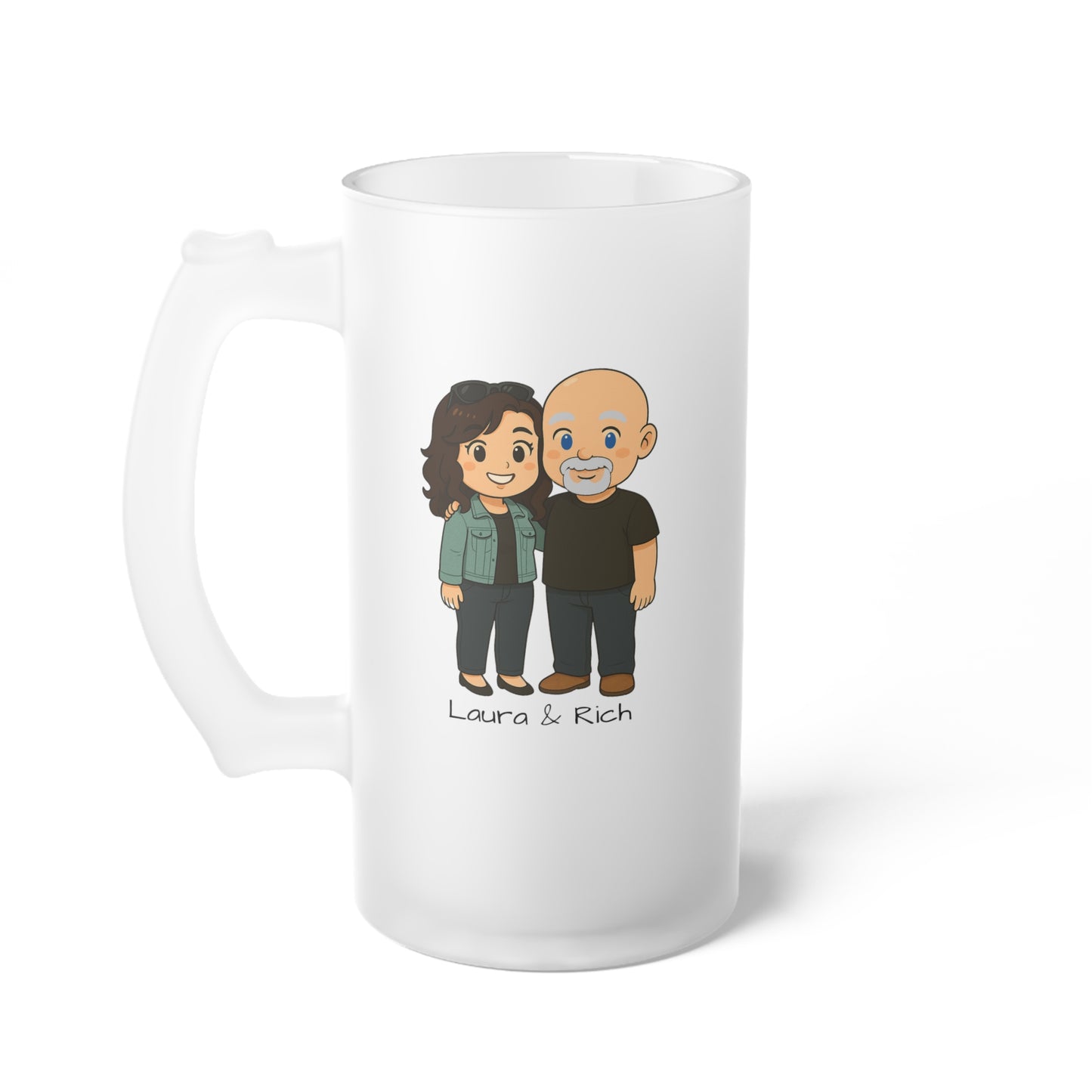 Laura & Rich Frosted Glass Beer Mug – Personalized Cartoon Couples Design, Fun Father’s Day Gift