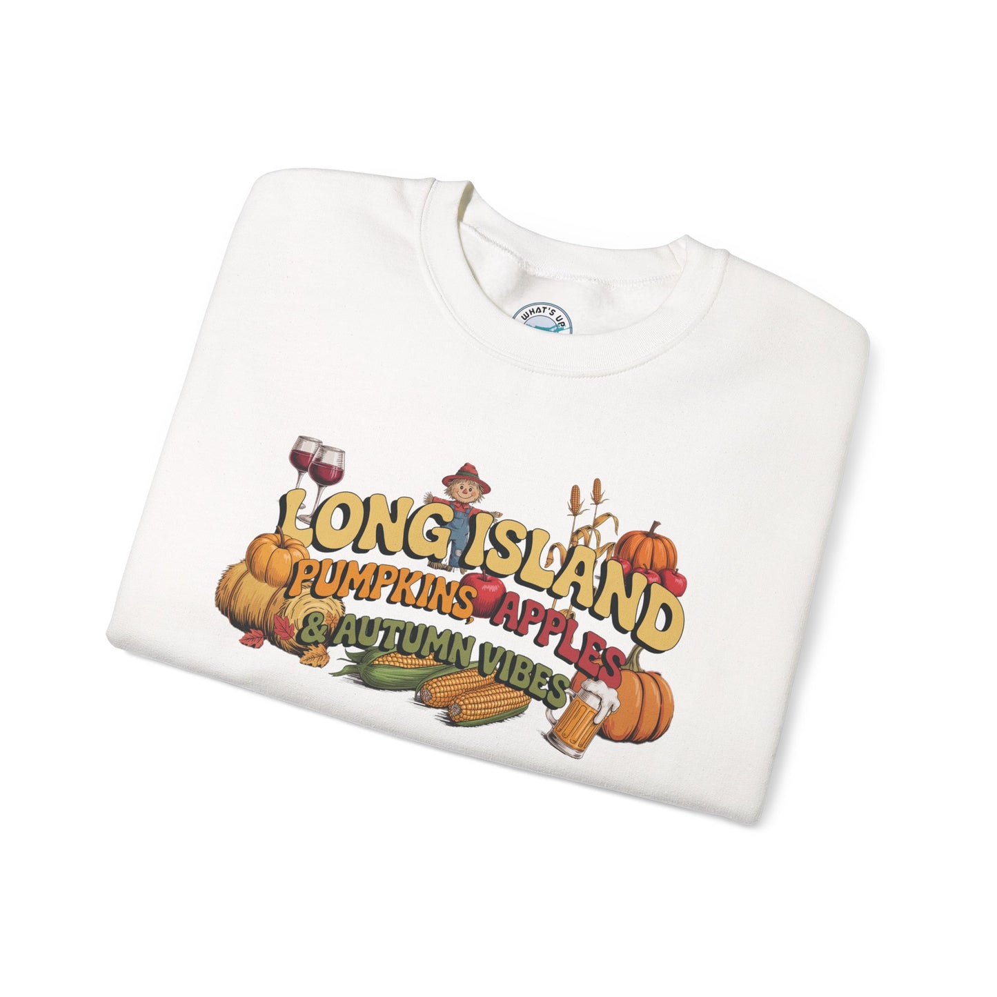 What's Up Long Island? Pumpkin, Apples & Autumn Vibes Crewneck Sweatshirt | Fall Sweater, Unisex Apparel, Thanksgiving Gift