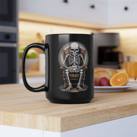 What's Up Long Island? Skeleton Cawfee Mug with Bagel | Black Mug, Halloween Decor, Gothic Gift, Home Office Accessory, Spooky Drinkware