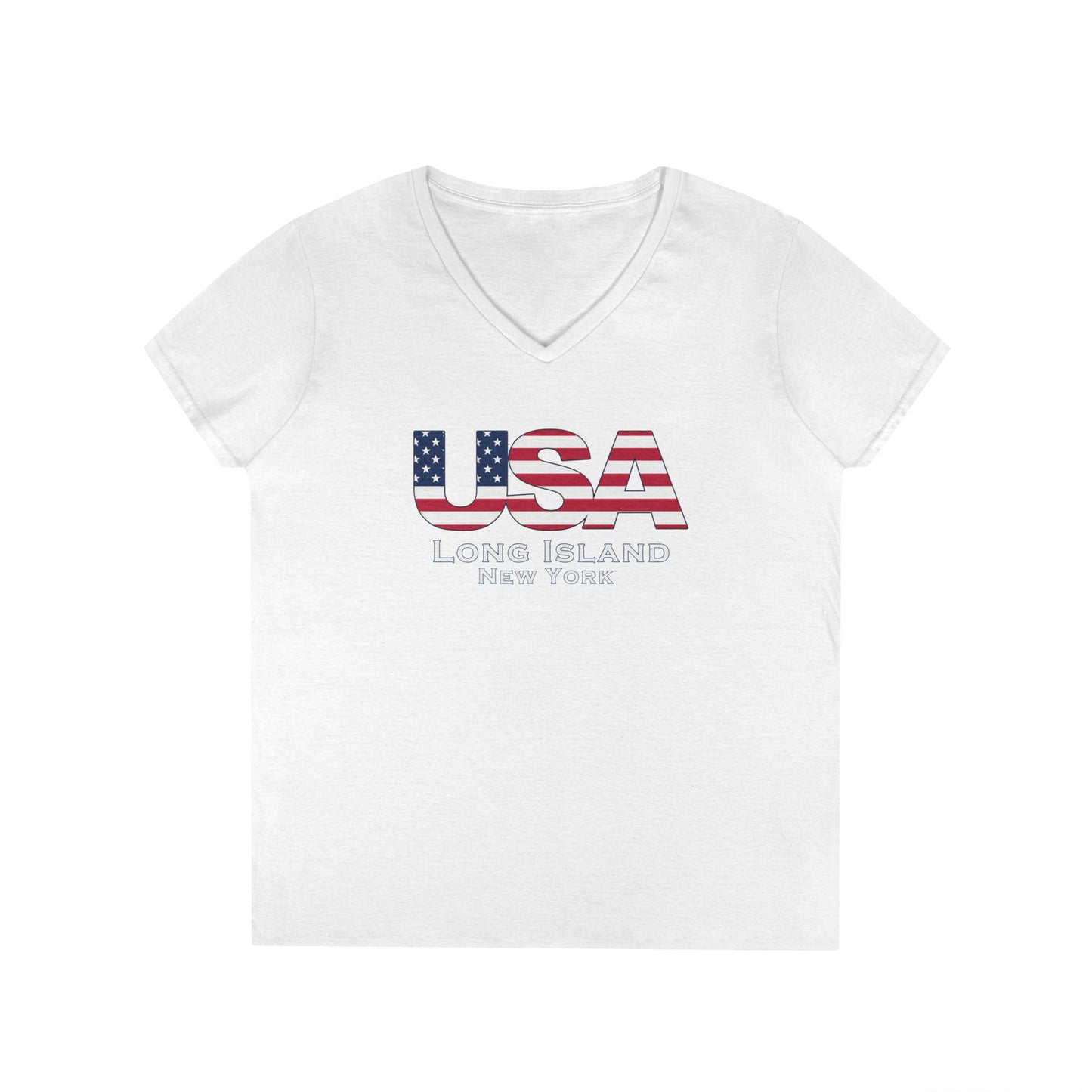 USA What's Up Long Island? Ladies' V-Neck T-Shirt | Patriotic Top, Summer Wear, Travel Tee, Gift for Her, Independence Day