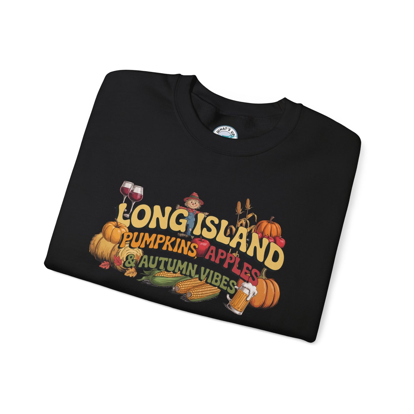 What's Up Long Island? Pumpkin, Apples & Autumn Vibes Crewneck Sweatshirt | Fall Sweater, Unisex Apparel, Thanksgiving Gift