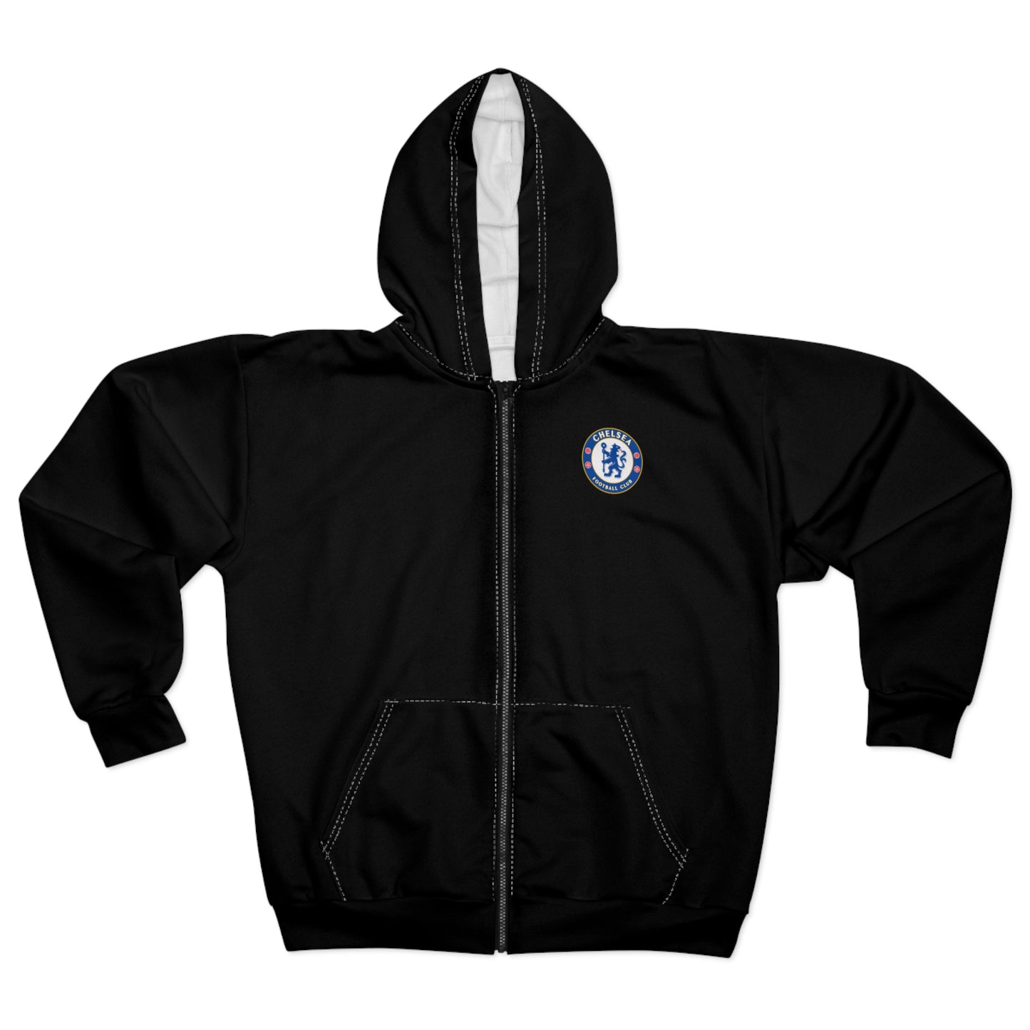 Chelsea Football Club Zip Hoodie — Black Full-Zip Jacket with Crest & Back Print